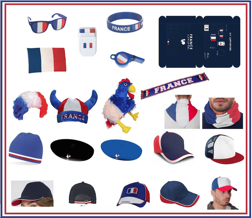 Kit Supporter France Allez les Bleus 7 accessoires : Lunettes, 3 Colliers  Hawaïen Tricolores, 2 Canons à Confettis, 1 Drapeau France 150x90cm