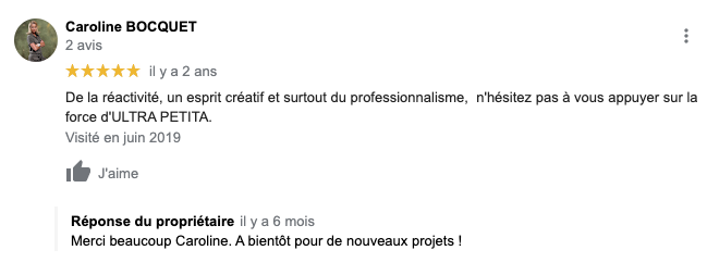 Avis client google pour Ultra Petita comme un poisson communication