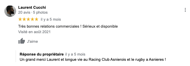 Avis client google pour Ultra Petita rca asnieres rugby