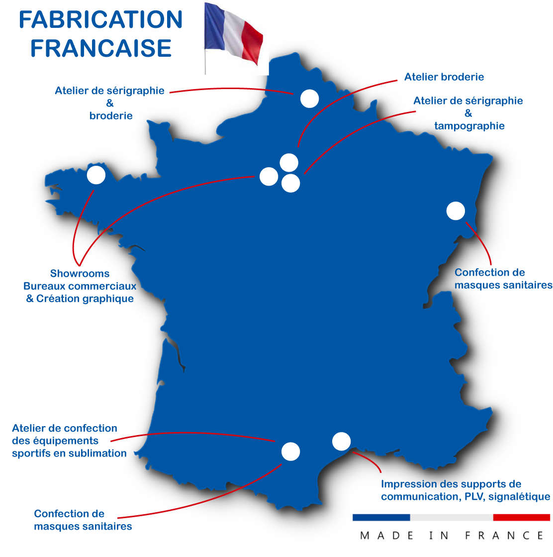 Carte de France des ateliers de confection et de marquage de Ultra Petita